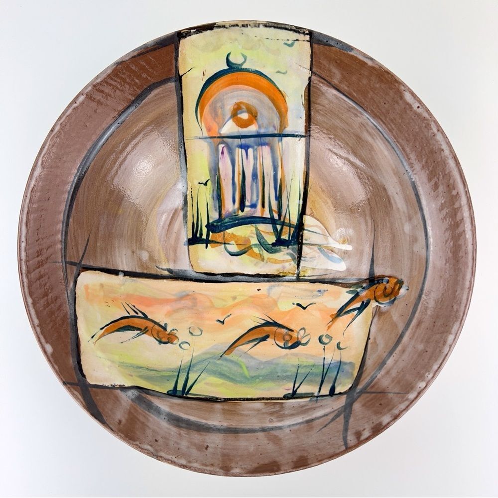 Vintage Large Hand Made Ceramic Hand Painted Gold Fish Decorative Bowl